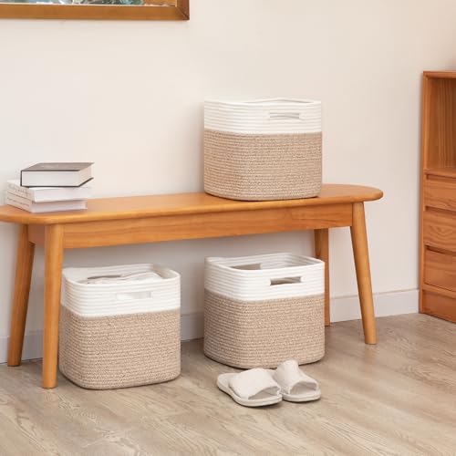 Storage Cubes 11 Inch Cotton Rope Woven Baskets for Organizing, 3-Pack Cube Storage Bin | Square Baskets for Shleves, Closet, Baby Nursery Bins, Variegated Brown