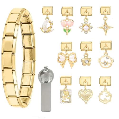 papasgix Italian Charm Bracelet Gold Set with Starter Brascelet, Assorted Charms and Opening Tools, 9mm Modular Italian Charm Bracelet Links Handmade DIY Jewelry Gifts Diamond Pendant