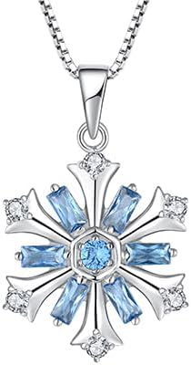 FJ Snowflake Necklace 925 Sterling Silver Winter Frozen Pendant Necklace Aquamarine Jewelry for Women