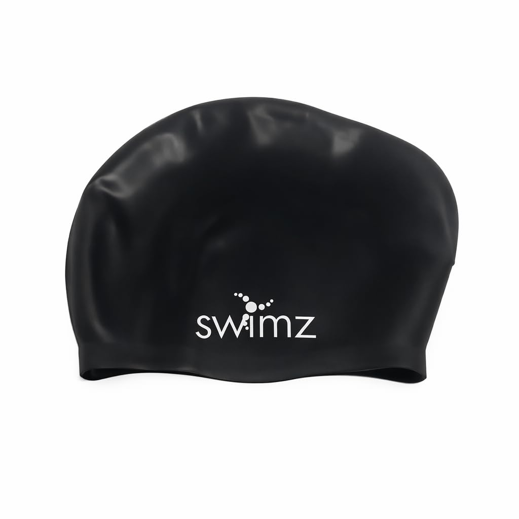 Swimz Long Hair Silicone swim cap - 100% soft Silicone Swim Cap for long Hair (Black)
