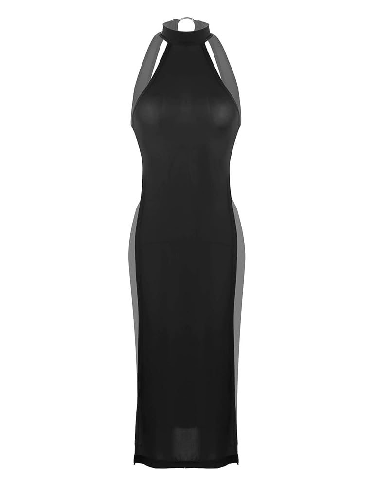 ★送料・関税込★ONGO★layered side slit dress★ LYANER Women's Mock Neck Cut Out Side Lace Up Sleeveless