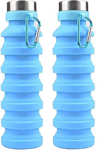 Image of we3 Collapsible Water Bottle, 550ml Reusable Silicone Light Water Bottles for Travel Outdoor Portable Leakproof Drinking Bottles with Carabiner (Blue, Pack of 2)