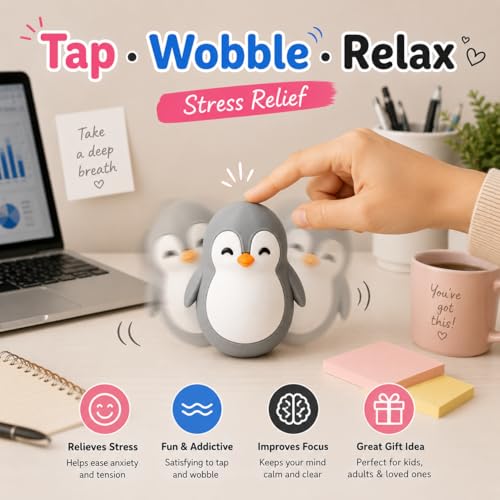 Image of Roly Poly Penguin Wobbler | Cute Self-Righting Penguin Desk Toy | Stress Relief Fidget Toy | Mini Penguin Collectible | Office Desk Decor & Gift (Mist Grey, 1 pc)