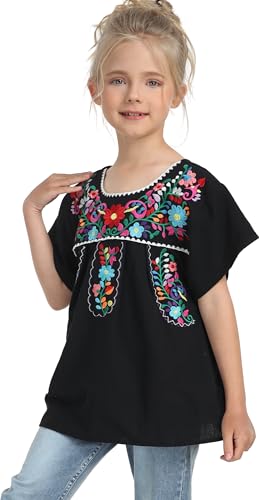 Image of YZXDORWJ Mexican Blouse for Girls Traditional Embroidered Summer Short Sleeve Peasant Blouse for Kids