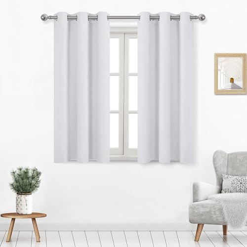 DWCN Greyish White Curtains for Living Room, Thermal Room Darkening Curtains 45 Inches Long, Solid Grommet Bedroom Curtains Short - W38 x L45 Inch, Set of 2, Greyish White