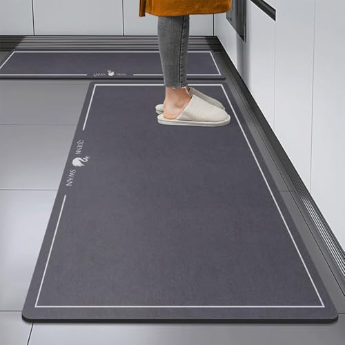 Two-pack premium kitchen mats, made of absorbent diatomaceous earth, 50x80 + 50x160 cm, oil-resistant, non-slip, absorbent, with a biomimetic layer design, wipeable and washable, quick-drying, gray.