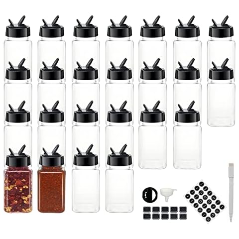BPFY 24 Pack 4oz Clear Plastic Spice Jars With Black Plastic Lids, Square Spice Bottles, Plastic Seasoning Containers with Chalk Labels, Pen, Funnel, Spice Containers For Kitchen Cabinet Cover