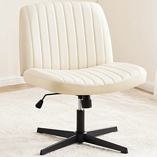Office Chair Armless Desk Chair No Wheels, Cross Legged Office Chair Wide Home Office Desk Chairs, Adjustable Swivel Padded Leather Vanity Task Computer Chair #TOP7