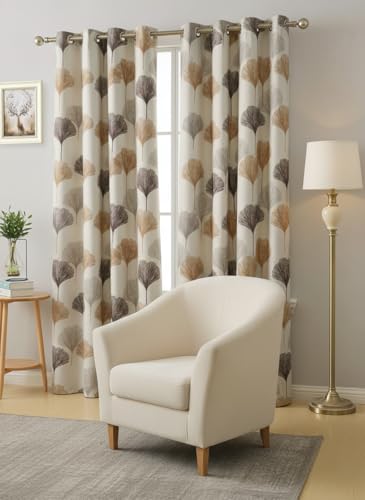 Image of HUTI 5 Feet Brown Window Curtain Set of 2 | Semi-Transparent Ginkgo Tree Printed Curtain | Soft Polyester Eyelet Curtains for Living Room & Bedroom 4x5 ft (120 x 150 cm) | Best for Home Decor