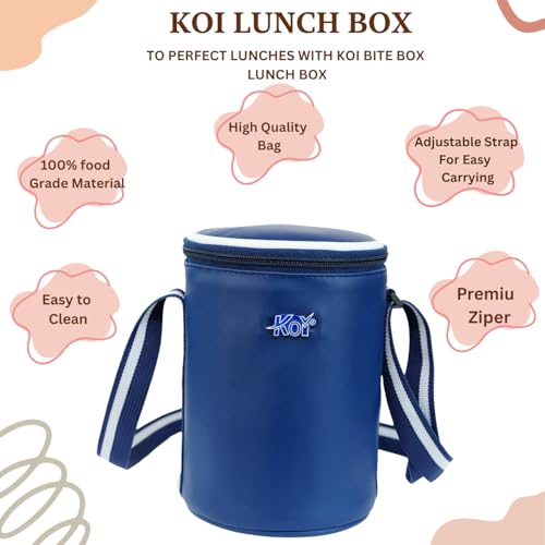 Image of KOI Insulated Lunch Box Set | 3 Inside Steel Containers (290ml, 450ml, 600ml) with BPA Free Lids | Leakproof Microwave Safe Tiffin | Adjustable Shoulder Strap Lunch Bag for Office Travel Use (Blue)