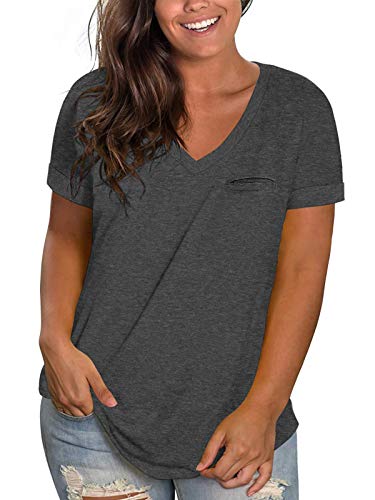 Plus Size Tops for Women 2X Rolled Sleeve Tee Shirts Pocket Tunics Dark Grey 20W