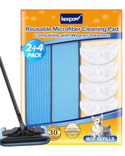 KEEPOW 6 Set Reusable Microfiber Mop Pads for Wagner Power Steamer 915 E, 2 Double-Sided Steam Mop Replacement Pads + 4 Steam Cleaner Cloth + 1 Laundry Bag