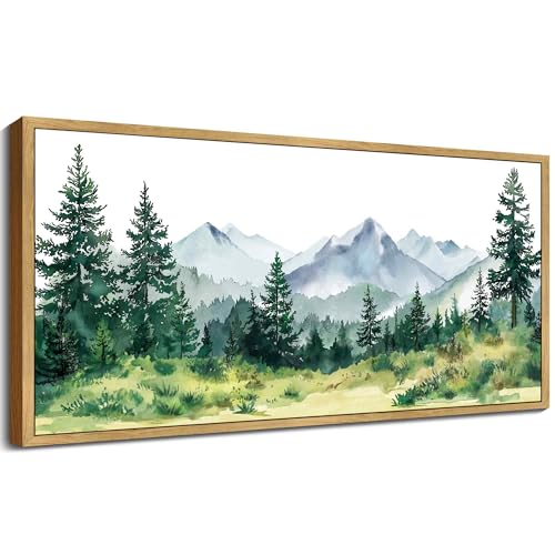 KUVIOKE Green Forest Tree Mountain Framed Wall Art Watercolor Nature