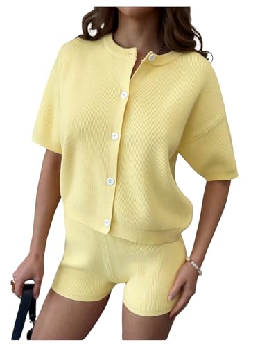 Floerns Women's 2 Piece Outfit Casual Button Short Sleeve Cardigan