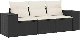 3-TLG. Garten-Sofagarnitur Schwarz Poly Rattan 83 x 62 x 69 cm mit Cremeweißen Kissen, modulares Balkonmöbel-Set wetterfest für kleine Balkone, Terrassen und Lounge-Ecken