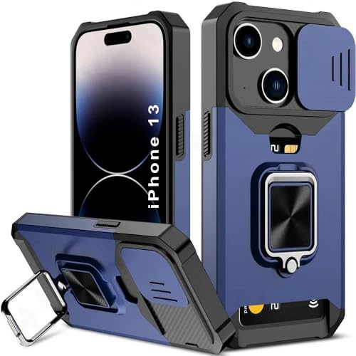 Image of LuxuryKase Shockproof Armor Case for iPhone 13 | Slide Camera Cover | Hidden Card Slot | Rotating Ring Kickstand | Magnetic Car Mount Support | Military Grade Protection - Blue
