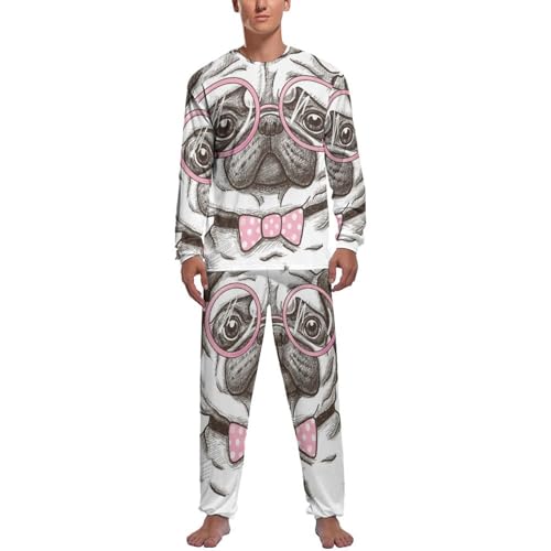 Pijama homme haut et bas rose à manches longues avec motif Lunettes Pug