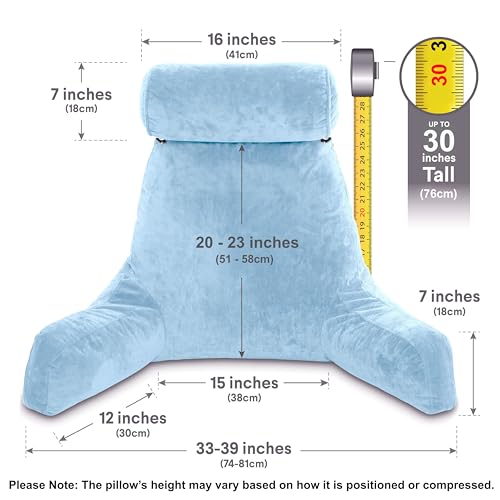 Husband Pillow XXL – Reading Pillow Bed Chair with Arms & Back Support – Sky Blue - Back Pillow for Beds Sitting Up – Bed Rest Arm Pillow – Comfy Reading Pillow for Adults