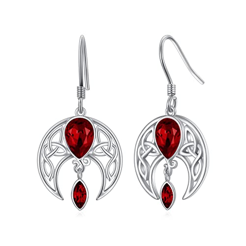 Celtic Moon Earrings Sterling Silver Celtic Knot Crescent Dangle Drop Irish Earrings With Simulated Ruby Red Birthstone Crystal, Celtic Birthday Jewelry Gifts For Women Girls #TOP12