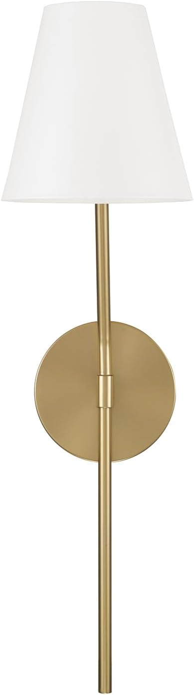 Capital Lighting 660611AW Cami Transitional Wall Sconce with White Metal Shade, 1-Light 60 Watt, 23" H x 6" W, Aged Brass and White