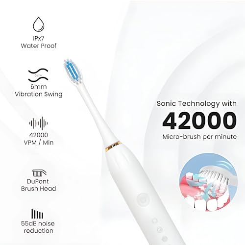 Image of Adult X-3 Sonic Electric Toothbrush With 3 Brush Heads 6 Brushing Modes 42000 Vibrations Per Minute 2 Hours Charging Lasts Upto 60 Days Ipx7 Waterproof Head 1 Year Warranty Multicolor (White)