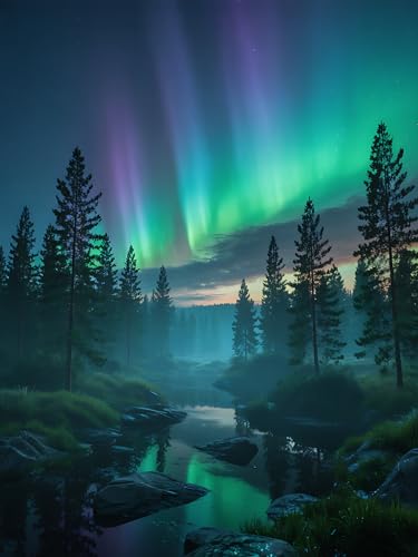 Northern Lights Forest Wall Art, Aurora Borealis Night Sky Poster,