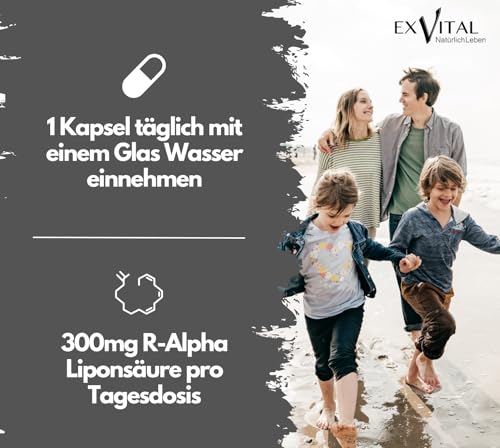 EXVital® R-Alpha-Liponsäure, hochdosiert mit 300mg pro Kapsel, in natürlicher R-Form, 180 Kapseln, vegan & ohne Zusätze, laborgeprüft