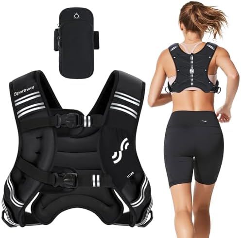 Sportneer Gewichtsweste mit reflektierenden Streifen für Gewichtheben | Laufen und Fitness 3,6 kg/ 5,4kg/ 6,8 kg/ 9kg/ 11kg, Brustgröße Verstellbar, Praktische Tasche, Gefüllte Gew