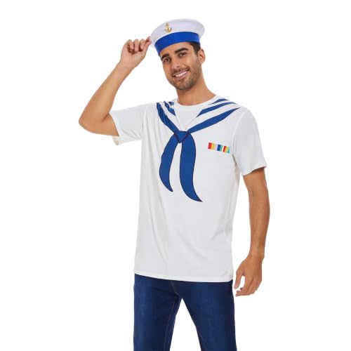 Vegove Funny Men Sailor T-Shirt with Hat, 3D Navy Collar Tee Shirts Set, Halloween Nautical Cruise...