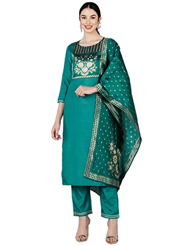 Image of Vaamsi Women's Poly Silk Solid Yoke Design Straight Kurta Set With Dupatta