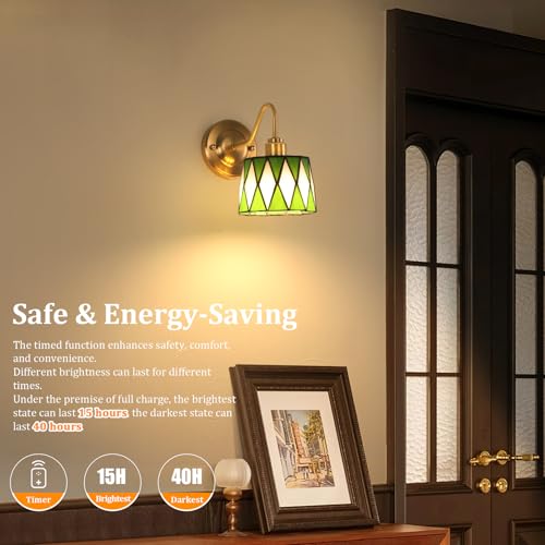 Image of Shenmoyl Vintage Battery Operated Wall Sconce with Remote, Rechargeable LED Wall Lamp 3 Colors Dimmable, Gold Wall Lights Fixture for Bedroom Bathroom Living Room Hallway Green Checker