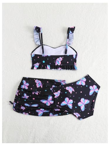 MakeMeChic Girl's 3 Piece Butterfly Print Ruffle Ruched Bikini Set with Drawstring Cover Up Skirt2