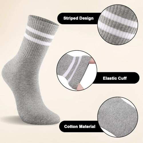 6 Pairs Striped Crew Socks Multipack Cotton Sports Running Socks for Men Women Size, Soft Athletic Socks Breathable Black White Grey Socks for Work School Casual Walking
