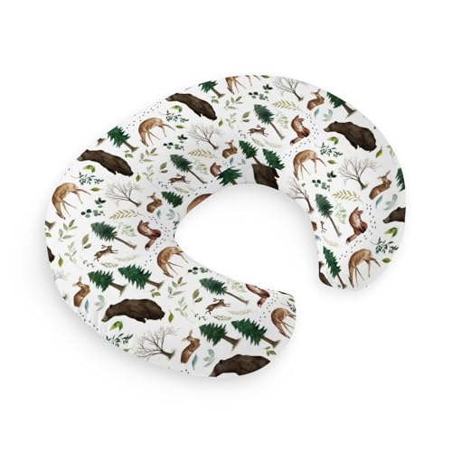 Image of HawSkgFub Forest Animals Creatures Nursing Pillow Cover for Baby Boys, Pine Tree Bear Fox Deer Leaf Breastfeeding Pillow Slipcover, Nursing Pillowcase for Newborn Infant, Cover Only