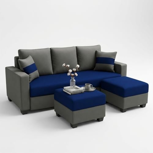 Image of FURNY Aura 5 Seater L Shape Sofa Set with 2 Movable Ottoman | Flexible Left or Right Layout | Plush Velvet Fabric (Dark Blue-Dark Grey) | Perfect for Living Room, Guest Room & Office