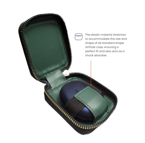 Image of Premium Eco-Friendly Universal Leather TWS earpod Storage Pouch Zip Lock with Hook Compatible with All Generation Apple Airpods - (Cover Only) (Green)