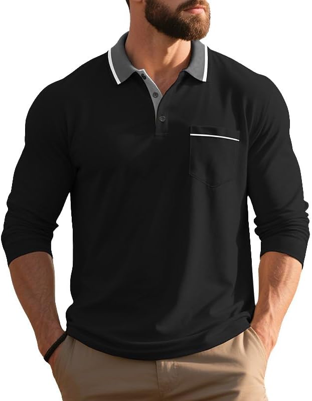 Long Sleeve Polo Shirt for Men Contrast Colored Collar Classic Lightweight Casual Button Up Golf Shirts with Pocket