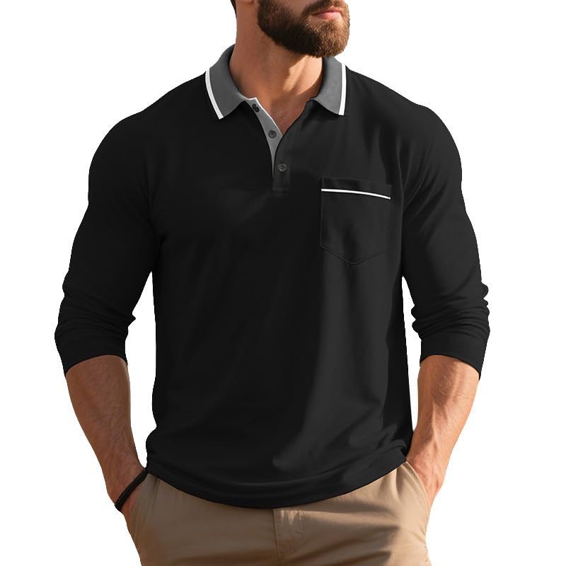 Long Sleeve Polo Shirt for Men Contrast Colored Collar Classic Lightweight Casual Button Up Golf Shirts with Pocket
