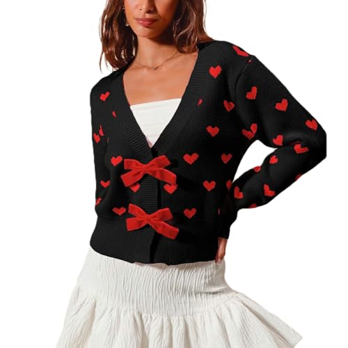 Image of Valentine's Day Cardigan Sweaters for Women Love Heart Print Button Down Cropped Cardigans Y2K Open Front Knit Sweater