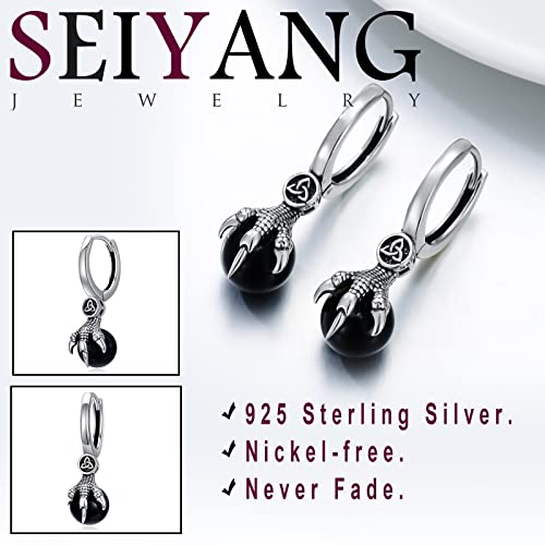 Dragon Claw Earrings Sterling Silver Earring For Men Black Onyx Huggie Hoop Earrings Dragon With Onyx Ball Earrings Vintage Punk Rock Gothic Viking Jewelry Celtic Gift For Women Boy Friend Birthday Halloween #TOP2