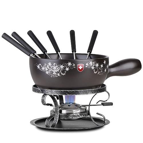 Artestia 2.11-Quart Ceramic Fondue Pot Set Cheese Chocolate Melting Pot Metal Stand with 6 Fondue Forks and Swiss Floral Pattern, Perfect for 6-8 People, 10 Piece