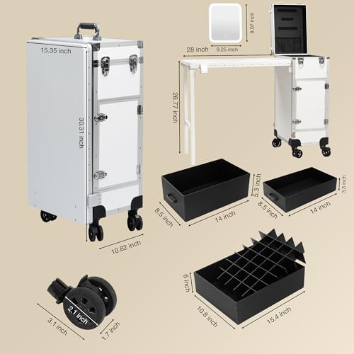Image of Portable Manicure Table with 3 Drawers, Rolling Foldable Nail Desk with Detachable Mirror, Professional Makeup Train Case with Wheels and TSA Lock for Nail Techs & Salon Use