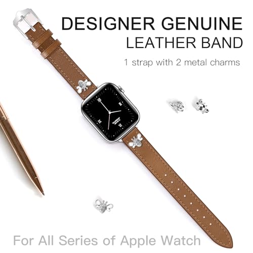 Image of JR.DM Slim Leather Bands Compatible with Apple Watch Band 38mm 40mm 41mm 42mm 44mm 45mm 46mm 49mm, Genuine Leather Band with Charms, Feminine Design for Iwatch Ultra SE Series 11 10 9 8 7 6 5 4 3 2 1