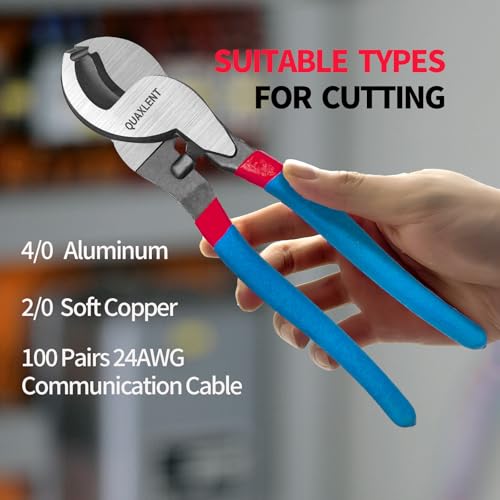 QUAXLENT 10 Inch Large Cable Cutter Heavy Duty High Leverage Big Wire Cutting Plier Tool for 4/0 Aluminum 2/0 Soft Copper and 100PR 24AWG Comm Cable, Blue by QUAXLENT - Image 6