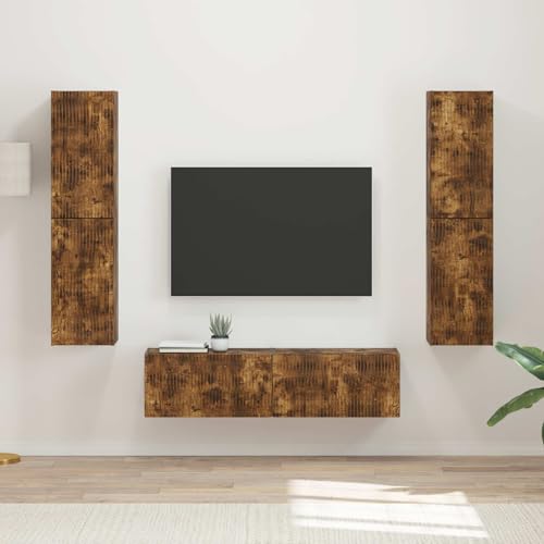 Cartvyn Juego de 6 muebles de TV de madera de roble ahumado, moderno mueble bajo para TV con espacio de almacenamiento, aparador de TV para sala de estar, armario de TV con cajones y puertas, colgante