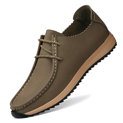 Men's Genuine Leather Elastic Lace Up Platform Casual Loafers Round Toe Thick Sole Heighten Comfortable Anti Slip Slip On Walking Shoes for Commuting Business Golf Daily