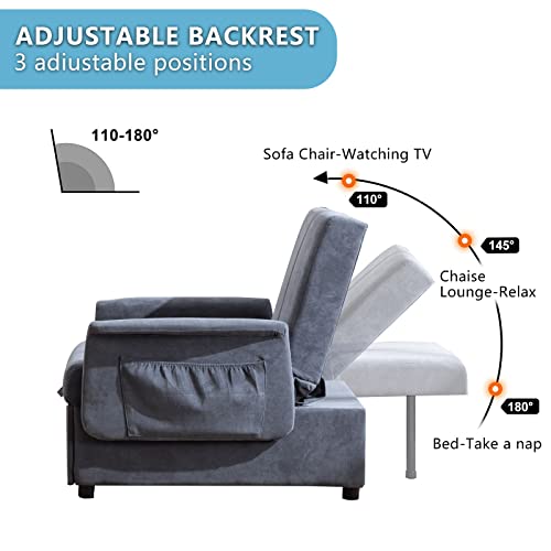 Vuyuyu Sleeper Chair, 3 In 1 Convertible Chair Single Pull Out Sofa Bed, Adjustable Armchair With Lumbar Pillow, Big Side Pockets, Tufted Upholstered Linen Fabric (Gray) #TOP3