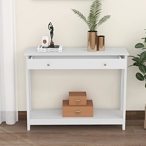 Treocho Oxford Design Console Table With Drawer And Storage Shelves, Foyer Sofa Table Narrow For Entryway, Living Room, Hallway, White #TOP4