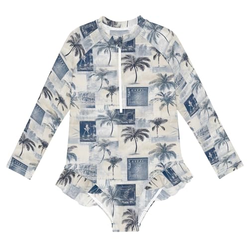 Hawaiian Palm Tree Stamp Girls Long Sleeve Swimsuit UPF 50+ Rashguard Swimwear One Piece Bathing Suit 21217564