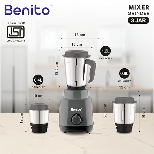 Image of Benito TURIN 550W Mixer Grinder with 3 Stainless Steel Jars | Heavy-Duty Shockproof ABS Body | Powerful Motor with High-Speed Grinding Technology | Elegant Gray & Black Finish | 1-Year Warranty